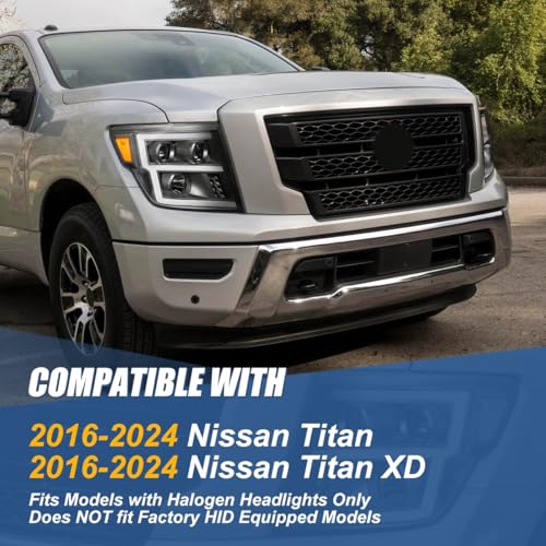 Auto Dynasty LED DRL Headlights Assembly for 2016-2024 Nissan Titan (XD) - color: Black / Amber, size: E-Style LED DRL / Halogen Low Beam