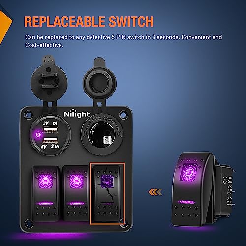Nilight 3 Pack Rocker Switches 5 PIN with Night Glow DIY Stickers - color: Purple 3 PCS