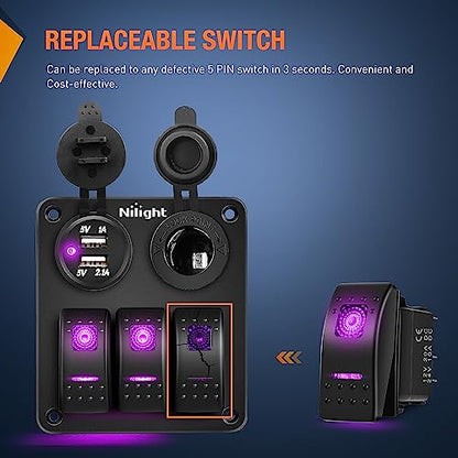 Nilight 3 Pack Rocker Switches 5 PIN with Night Glow DIY Stickers - color: Purple 3 PCS