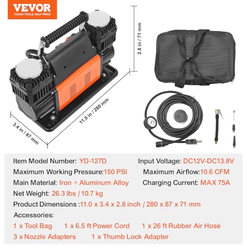 VEVOR 10.6 CFM Heavy Duty Air Compressor, 30s Fast Inflation | 1080W Dual-Cylinder Portable Tire Inflator, 12V 150PSI Offroad Air Pump with Adapters for Trucks Car SUV 4 x 4 Vehicle RV - size: 14.37 x 5.91 x 8.94 in