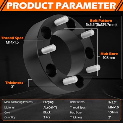 GAHA 5x5.5 Wheel Spacers 5 Lug with M14x1.5 Thread Studs Compatible for Ram 1500 2012-2018, 108mm Hub Bore 5x139.7mm Forged Wheel Adapters 2", 2PCS - color: 5x139.7mm-108mm-2PCS