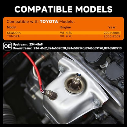 Upstream & Downstream O2 Sensor Set | Direct Replacement for OE #234-4169 & #234-4162 | Oxygen Sensor Compatible with Toyota Sequoia & Tundra 4.7L V8 2001-2004 WITH GLOVES - size: 234-4169 + 234-4162