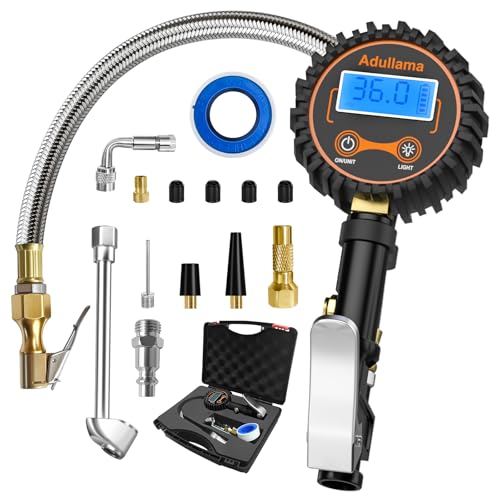 Digital Tire Pressure Gauge with Inflator, 250 PSI Heavy Duty Air Chuck Air Compressor Attachments, Improved Leaks Protection & Stainless Braided Hose Tire Gauge with a Portable Carrying Box - color: Standard With Case