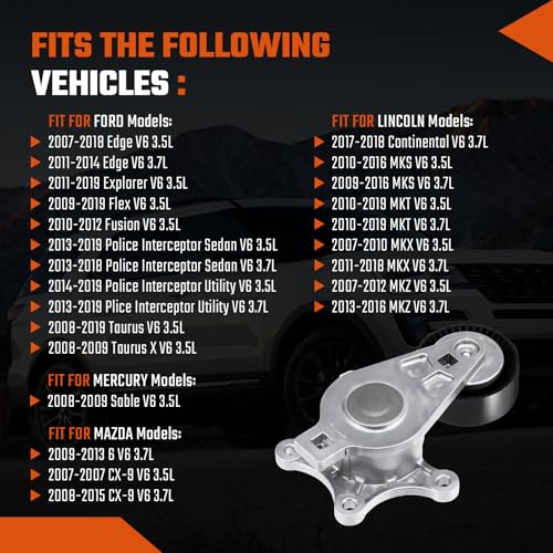 Belt Tensioner and Pulley Assembly Fit For Ford Edge 07-18,Explorer 11-19,Fusion 10-12,Fit for Mazda CX-9 08-15 Fit for Lincoln MKS MKZ MKT 3.5L 3.7L V6 Replace# BT4E6B209CC,7T4E6B209EC - size: BT4E6B209CC