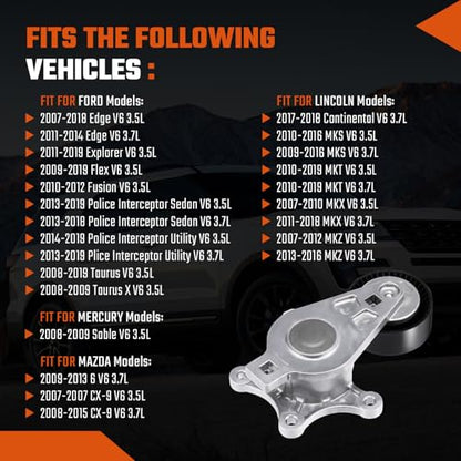 Belt Tensioner and Pulley Assembly Fit For Ford Edge 07-18,Explorer 11-19,Fusion 10-12,Fit for Mazda CX-9 08-15 Fit for Lincoln MKS MKZ MKT 3.5L 3.7L V6 Replace# BT4E6B209CC,7T4E6B209EC - size: BT4E6B209CC