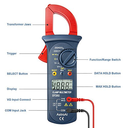 AstroAI Digital Clamp Meter 2000 Counts, Multimeter Amp Meter with Auto Ranging; Measures Voltage Tester, AC Current, Resistance, Continuity; Tests Diodes