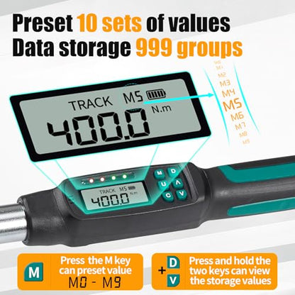 1/2” Digital Torque Wrench Set 8.9-295 ft-lb/12-400 Nm, ±2% Accuracy, LED & Buzzer Alerts, with 3 Adapters (1/4", 3/8"& Extension Bar), Industrial CR-V Steel for Car, Motorcycle, Bike Repair - size: 1/2", 8.9-295 ft-lb (12-400 Nm)