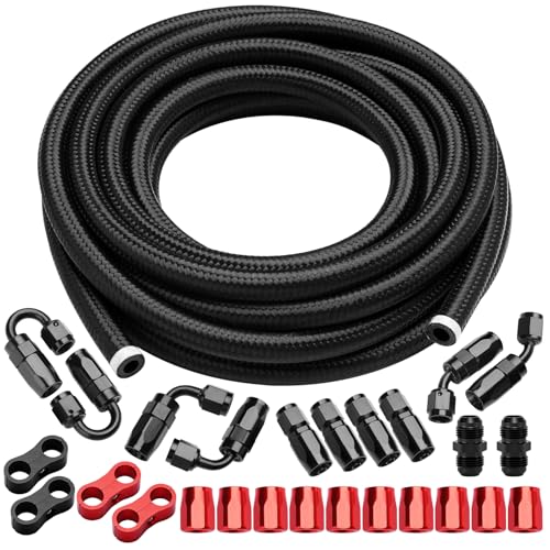 8AN Fuel Line Kit, AN8 Nylon Braided CPE Fuel Line Hose 20FT With Swivel Hose End Fitting, Red Socket Nut, Hose Separator Clamps & Male to Male Adapters - color: Black & Red, size: 8AN 20FT