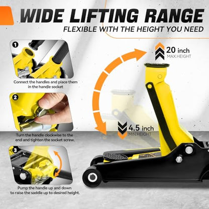 Auto Dynasty 4Ton Low Profile Floor Jack, Heavy Duty w/Dual Pistons, Yellow - color: Yellow, size: 4T Dual Pump