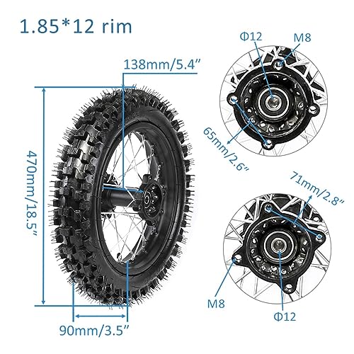 12" Complete Dirt Bike Rear Wheel Assembly 80/100-12 Tire Rim Set 1.85x12 12mm Bearing Disc Brake Sprocket Fit Pit Bike 50cc-160cc SSR Apollo Taotao CRF50 CRF70 XR70 DB14 XR CRF 50 DB17 KX65 - color: Rear 80/100-12, size: 12mm Bearing
