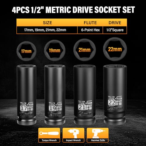 4 PCS 1/2 inch Drive Deep Impact Socket Set, Metric 17-19-21-22mm, 6-Point - size: 1/2" Deep 4pc