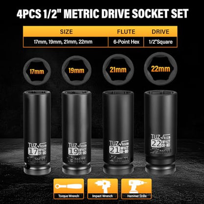 4 PCS 1/2 inch Drive Deep Impact Socket Set, Metric 17-19-21-22mm, 6-Point - size: 1/2" Deep 4pc