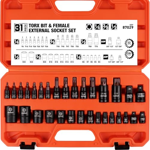 HORUSDY 31Pcs Torx Bit Socket Set,14 Star Bits (T8-T70) and 12 Female E-Torx Sockets (E4-E24), 4 Impact Socket Adapter Set with High Torque Laser Marked for Automotive Mechanic - color: 31 Pcs Orange