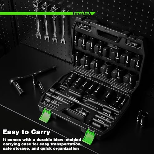 TecoTek 1/2" Drive Deep Impact Socket Set, 38-Piece Socket Set SAE 3/8 to 1-1/4 inch and Metric 10-32mm Size, Includes Extension Bars, Universal Joint, Adapter and Ratchet Handle, 6 Point, Cr-V Steel - style: 1/2" Drive 38pcs Impact Socket Set