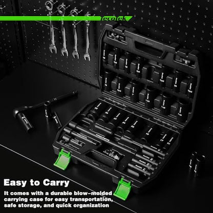 TecoTek 1/2" Drive Deep Impact Socket Set, 38-Piece Socket Set SAE 3/8 to 1-1/4 inch and Metric 10-32mm Size, Includes Extension Bars, Universal Joint, Adapter and Ratchet Handle, 6 Point, Cr-V Steel - style: 1/2" Drive 38pcs Impact Socket Set