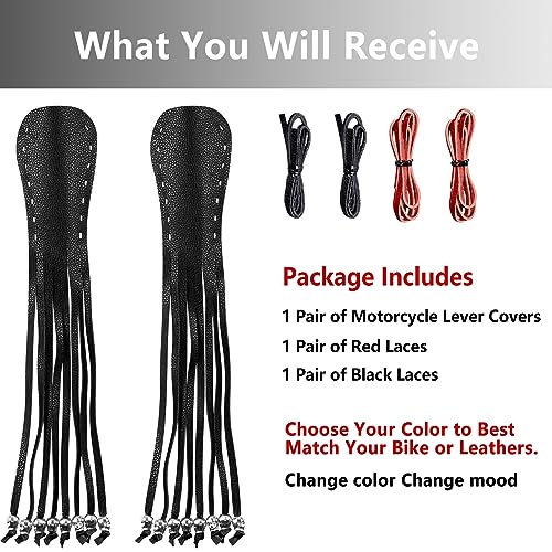 2 PCS Faux Leather Motorcycle Lever Covers With Fringes, Brake Clutch Grip Tassels, Handlebar Handle Grip Covers, Fringed Wraps With Skulls - color: Black & Red Laces*1 & Black Laces*1