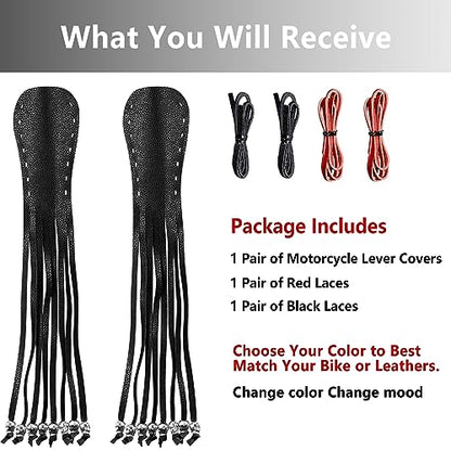 2 PCS Faux Leather Motorcycle Lever Covers With Fringes, Brake Clutch Grip Tassels, Handlebar Handle Grip Covers, Fringed Wraps With Skulls - color: Black & Red Laces*1 & Black Laces*1