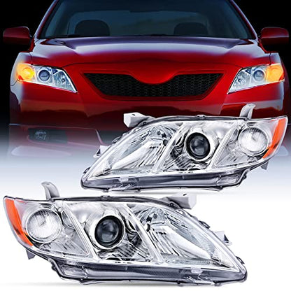 Nilight Headlight Assembly Compatible with Toyota Camry 2007-2009 - color: Chrome Housing + Amber Reflector