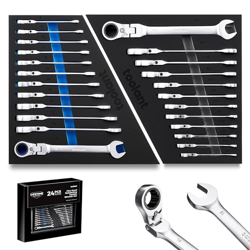toolant 24pcs Ratcheting Wrench Set, Flex-Head Ratchet Combination Wrench Sets with Switch Design, 8-19mm & 1/4"-7/8", 90-Tooth and 4°Swing, 24PCS with Storage Tray