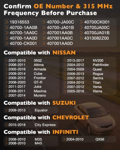 315MHz Upgraded Pre-Programmed TPMS Sensor Fits Nissan 06-11 Altima Rogue