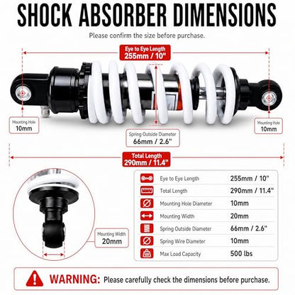 255mm 10” Rear Shock Absorber, 10mm Mounting Hole Heavy Duty Spring Shock for Selected 50cc–125cc Dirt Bike Pit Bike ATV Quad Go Kart, Mini Electric Dirt Bike, Coolster TaoTao Apollo SSR