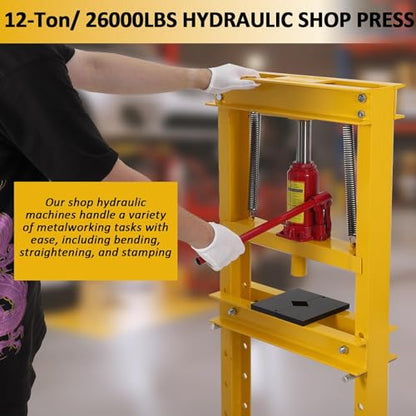 12 Ton Hydraulic H-Frame Shop Press – Adjustable Benchtop & Floor Mount – Press Plates Included – Heavy Duty for Garage, Bearing, Gear & Wheel Maintenance – 12T - size: 12T