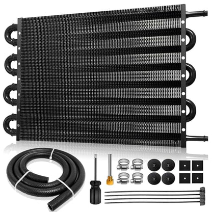 Transmission Oil Cooler 8 Rows 5/16" Aluminium 8 Pass Tube and Fin Cooler Kit with Radiator Hose Mounting Universal Cooler Kit for Ford, Chevrolet, Dodge Ram
