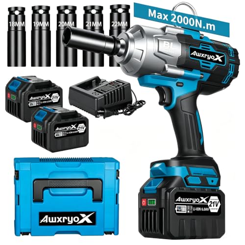 AwxryoX 2000Nm Cordless Impact Gun, 1/2" Impact Wrench 2 x 6.0Ah Battery