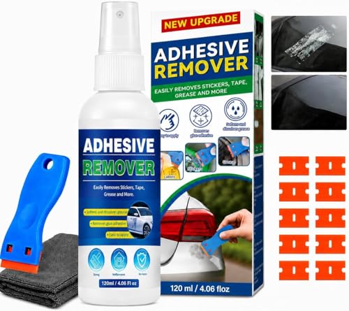 Adhesive Remover, Sticker Remover with Plastic Razor & Towel, 120ml Glue Removers for Removing Labels, Tapes, Gum, Wax and Sticky Residue, Powerful Super Glue Removers for Floor, Windows, Walls, Cars