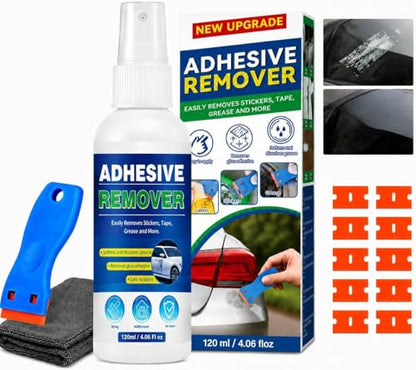 Adhesive Remover, Sticker Remover with Plastic Razor & Towel, 120ml Glue Removers for Removing Labels, Tapes, Gum, Wax and Sticky Residue, Powerful Super Glue Removers for Floor, Windows, Walls, Cars