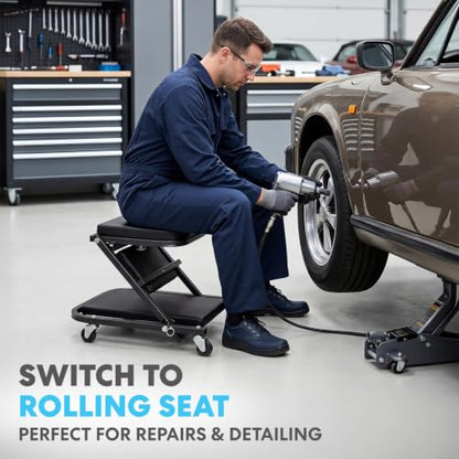 SIMPLI-MAGIC Foldable Z Creeper 2-in-1 Rolling Car Creeper & Seat, Adjustable Roller Garage Chair Lay Down or Sit, 330LBS Capacity Low-Profile Under Car Creeper with 6 Swivel Casters, Black - color: Black