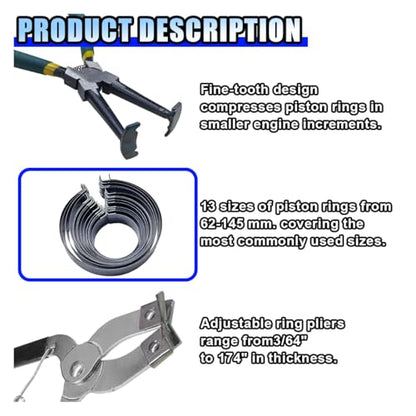 15PCS Car Engine Piston Ring Compressor Tool Kit, Adjustable Piston Installer Pliers and Compressor Pliers with 13 Piston Rings (62-145mm/2.44-5.71in) for Car Truck Engine