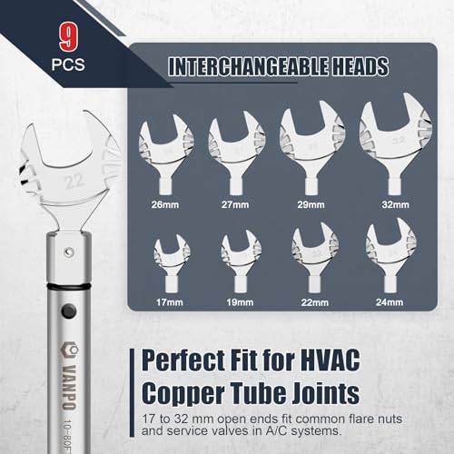 VANPO HVAC Torque Wrench 10–80 Ft-lb, 9×12mm, for Mini Split AC - size: 9×12mm (10-80 Ft-Lb)