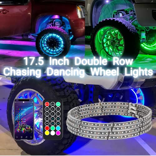 4pcs 17.5 inch Double Row Wheel Lights for Truck/Car/ATV/UTV, Dancing Chasing Color, LED Rim Wheel Ring Lights W/Turn Signal and Braking Function Controlled by Remote and App - size: Double Row 17.5" Chasing Wheel Lights