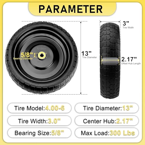 13" Flat Free Wheels for Gorilla Carts, 4.00-6 Solid Tires with 5/8" Bearings & 2.17" Offset Hub, Replacement for Garden Carts, Hand Truck, Yard Trailer, 2 Pack | Vypart