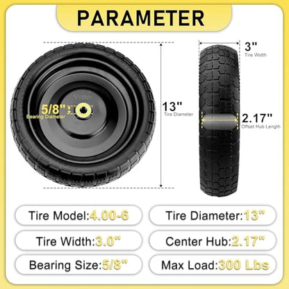 13" Flat Free Wheels for Gorilla Carts, 4.00-6 Solid Tires with 5/8" Bearings & 2.17" Offset Hub, Replacement for Garden Carts, Hand Truck, Yard Trailer, 2 Pack | Vypart