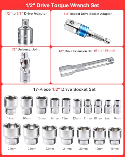 1/2" Drive Click Torque Wrench Set-10-170 Ft-lb, +/-3% Accuracy, 22-Piece