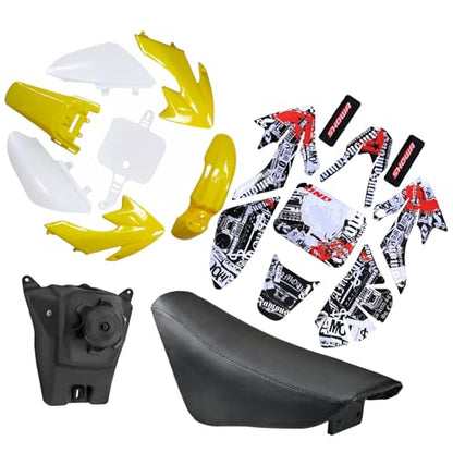 ABS Plastics Fender Fairing Body Work Kit with Graphics Decals & Seat and Gas Fuel Tank for CRF50F XR50R CRF XR 50 SSR Chinese SSR 110cc 125cc Dirt Pit Bike (Yellow) - color: Yellow