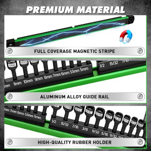 22-Piece Magnetic Nut Driver Set, Metric & SAE (5-13mm & 3/16"-1/2"), 1/4" Hex Shank Impact Bit Set, Wing Nut Driver Bits, Magnetic Aluminum Storage Rail - color: Nut Driver Set With Rail Green