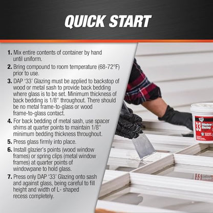 DAP '33' Window Glazing, White, 8 Oz (7079812120) - size: 1/2 Pint