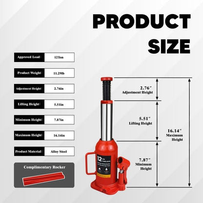 Hydraulic Bottle Jack with Carrying Case, 12 Ton (26,455 lb) Capacity 7.9-16.2 inch Lifting Range, Muti-Directional Welded Bottle Car Jack for Car, Truck, RV, Pickup Truck, Auto Repair - size: 12 Ton
