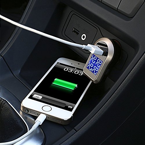 Wireless Tire Pressure Monitoring System, Universal TPMS with Real-Time LCD Display, 5 Alarm Modes, 4 Advanced Waterproof Sensors, 2-Year Battery Life, Cigarette Lighter Plug, 0-6Bar/ 0-87PSI - size: rectangle display