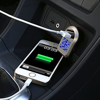 Wireless Tire Pressure Monitoring System, Universal TPMS with Real-Time LCD Display, 5 Alarm Modes, 4 Advanced Waterproof Sensors, 2-Year Battery Life, Cigarette Lighter Plug, 0-6Bar/ 0-87PSI - size: rectangle display