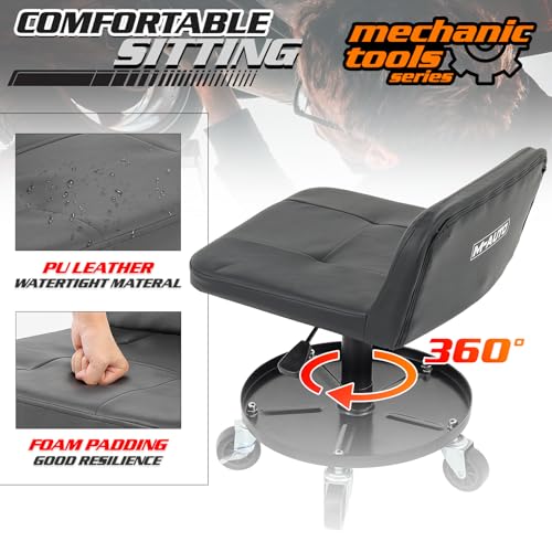 M-AUTO Padded Seat Mechanic Stool with Wheels, 16”-21” Height Adjustable Swivel Mechanics Seat with Tool Tray Storage for Garage and Garden, 300lbs Capacity - size: 21" Round