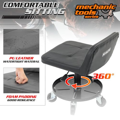M-AUTO Padded Seat Mechanic Stool with Wheels, 16”-21” Height Adjustable Swivel Mechanics Seat with Tool Tray Storage for Garage and Garden, 300lbs Capacity - size: 21" Round