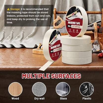 RED WOLF 3 Pack Masking Tape 0.7" x 60 Yards, General Purpose for Painting Arts Crafts Label Car Painting, Sharp Paint Line No Residue Painters Tape White Beige Crepe Paper Tape Heat Resistance - size: 0.7" x 60 Yards