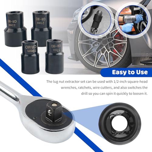5PCS Locking Lug Nut Removal Tool,17-22mm Wheel Lock Removal Kit with 6 Point Design for Replacing The Nuts,Automotive Tools 1/2" Drive Lug Nut Extractor Set with Center Punch Bar