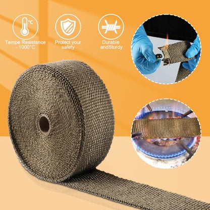 Exhaust Heat Wrap, Tooomplus 2'' x 50' Fiberglass Heat Shield Tape, Heat Wrap for Exhaust Pipes with 15pcs Stainless Steel Ties for Motorcycle Car Truck - size: 50 ft