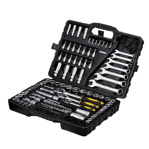 VEVOR 121-Piece Mechanics Tool Set - 1/4" 3/8" 1/2" Drive Sockets - SAE and Metric Mechanic Tool Kit with Bits - Ratchet Handle, Wrenches, Accessories, and Plastic Storage Case for Automotive Repair - size: 121-PCS