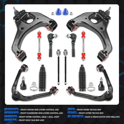 Front End 12pc Suspension Kit for 1999-2006 RWD Chevy Silverado GMC Sierra 1500, 4 Lower & Upper Control Arms w/Ball Joints 2 Sway Bars 4 Tie Rods 2 Boots OE Replacement - Upgrade PU Bushing (12 PCS) - size: 12PC, style: Front Lower